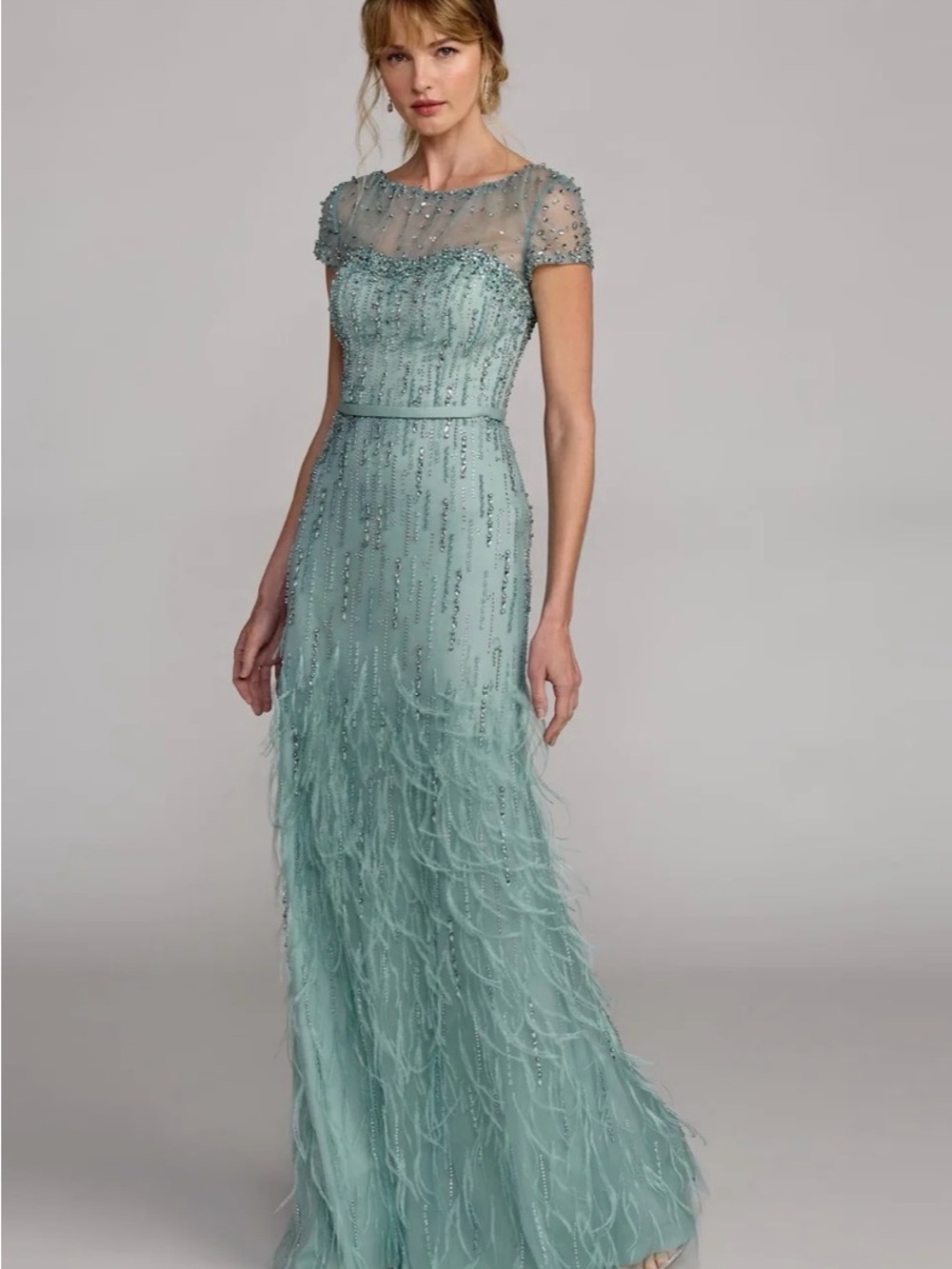 Mac Duggal Seafoam Style#77100 Beaded&Rhinestone Feather-Trim Maxi Gown